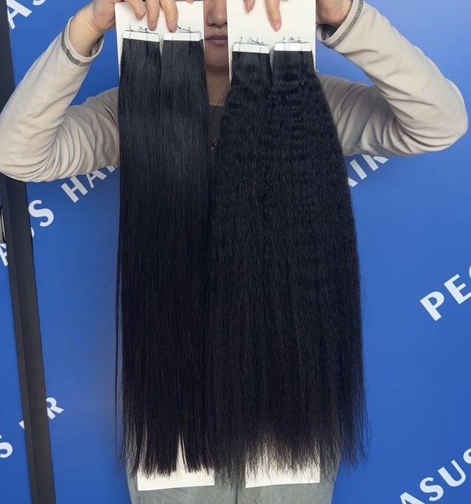virgin hair Tape In Hair Extensions 100% human hair 35%ratio double drawn #1 color - pegasuswholesale