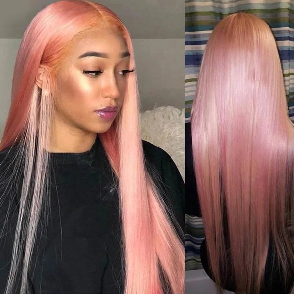 Pink Colored Straight Human Hair Wigs Transparent Lace Wig Brazilian