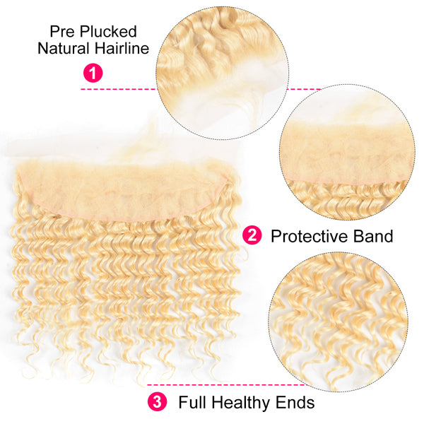 #613 color blonde hair Deep wave Lace frontal 13x4" - pegasuswholesale