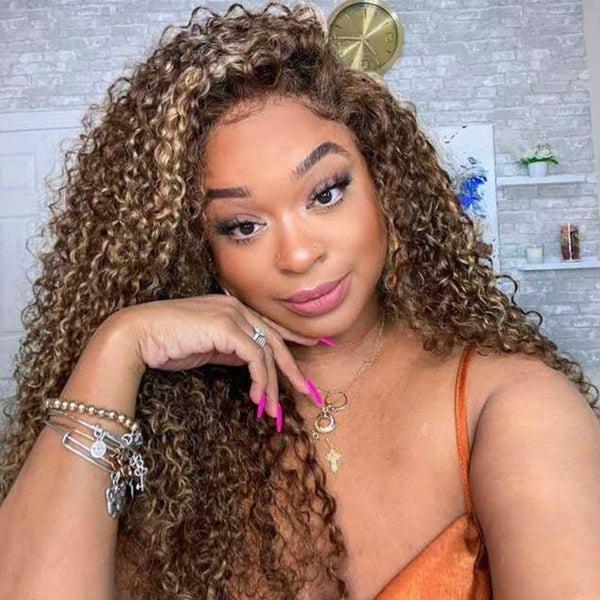 Highlight Ombre Hair Bundles With Frontal Closure Curly Weave Brazilian 4-27 Brown 【PWC66】 - pegasuswholesale
