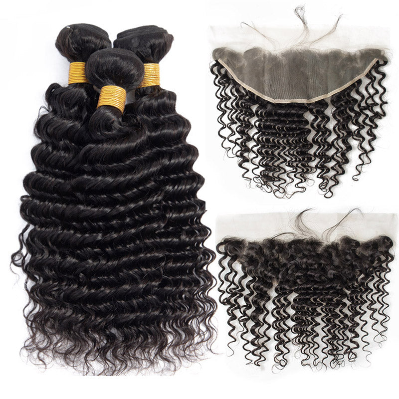 Deep Wave Bundles With 13x4 Frontal Transparent Lace - pegasuswholesale
