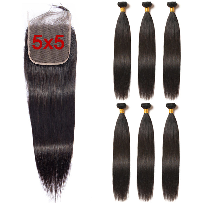 Straight 3 Bundles With 5x5 Closure Brazilian Hair - pegasuswholesale