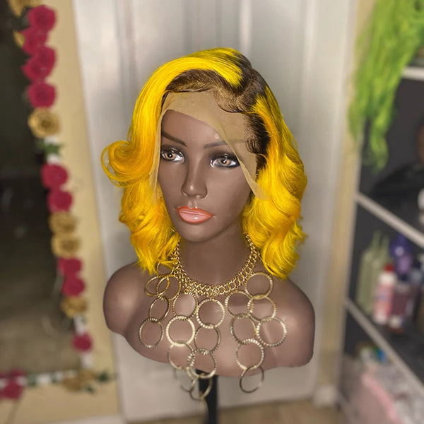 13x4 Bob Lace Front Wigs Body Wave 1b Bright Yellow Ombre Colored Human Hair - pegasuswholesale