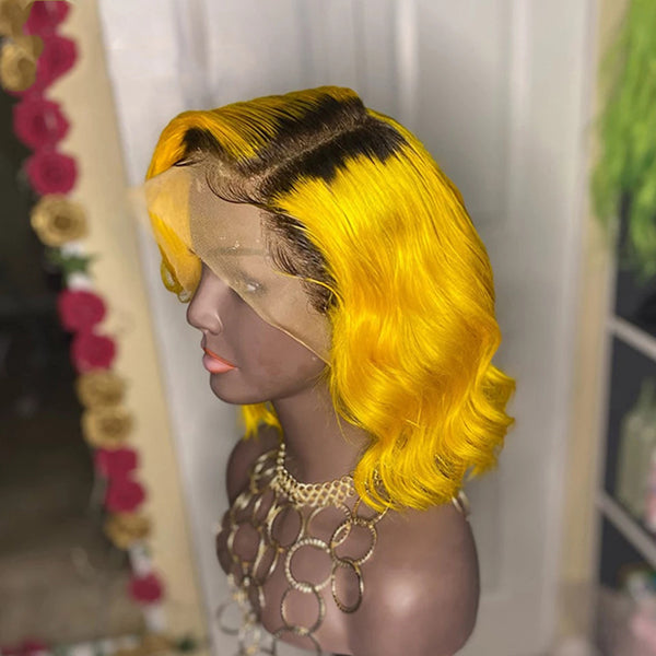 13x4 Bob Lace Front Wigs Body Wave 1b Bright Yellow Ombre Colored Human Hair - pegasuswholesale