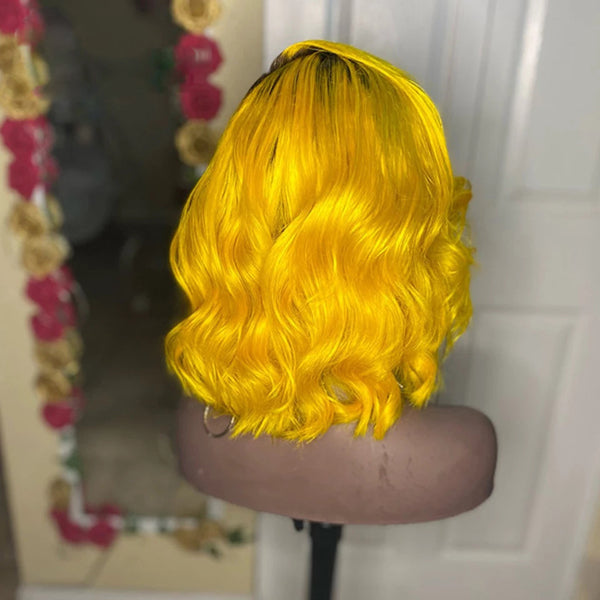 13x4 Bob Lace Front Wigs Body Wave 1b Bright Yellow Ombre Colored Human Hair - pegasuswholesale