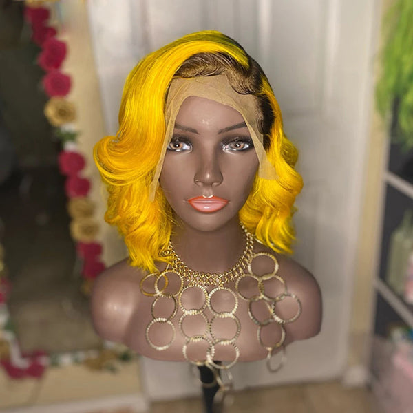 13x4 Bob Lace Front Wigs Body Wave 1b Bright Yellow Ombre Colored Human Hair - pegasuswholesale