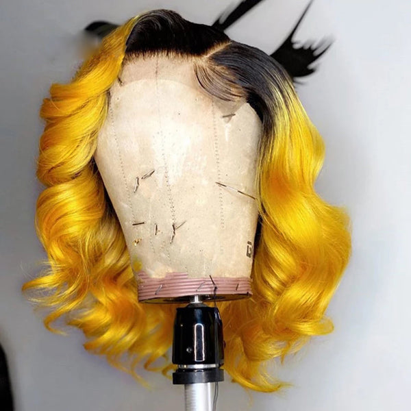 13x4 Bob Lace Front Wigs Body Wave 1b Bright Yellow Ombre Colored Human Hair - pegasuswholesale