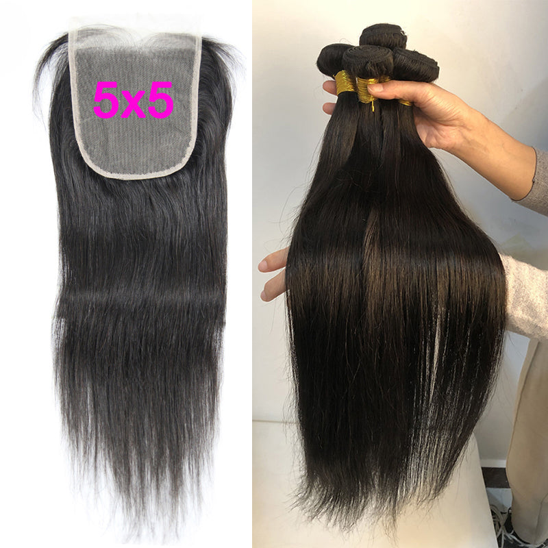 5x5 Transparent Lace Closure With 3 Bundles Brazilian Straight - pegasuswholesale