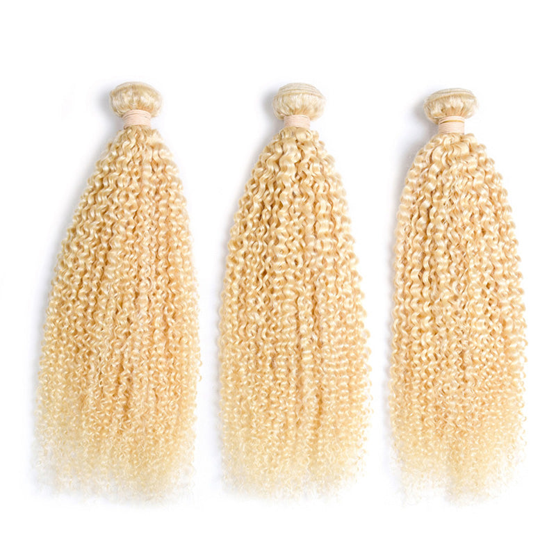 613 Blonde 3 Bundles With 4x4 5x5 6x6 Transparent Lace Closure Kinky Curly - pegasuswholesale