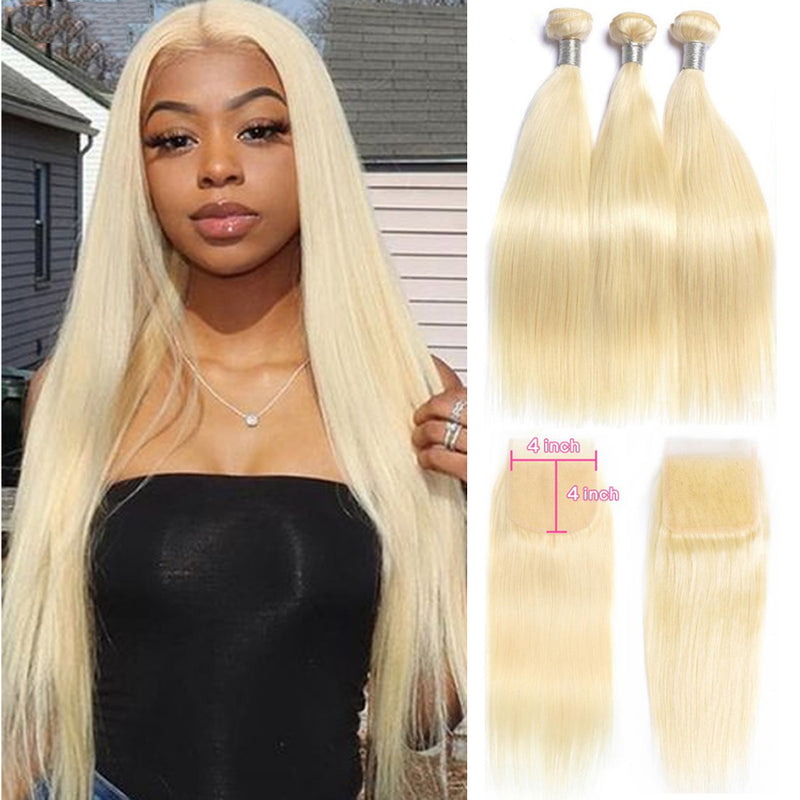 613 Blonde Bundles With 4x4 Closure Straight Peruvian Hair - pegasuswholesale