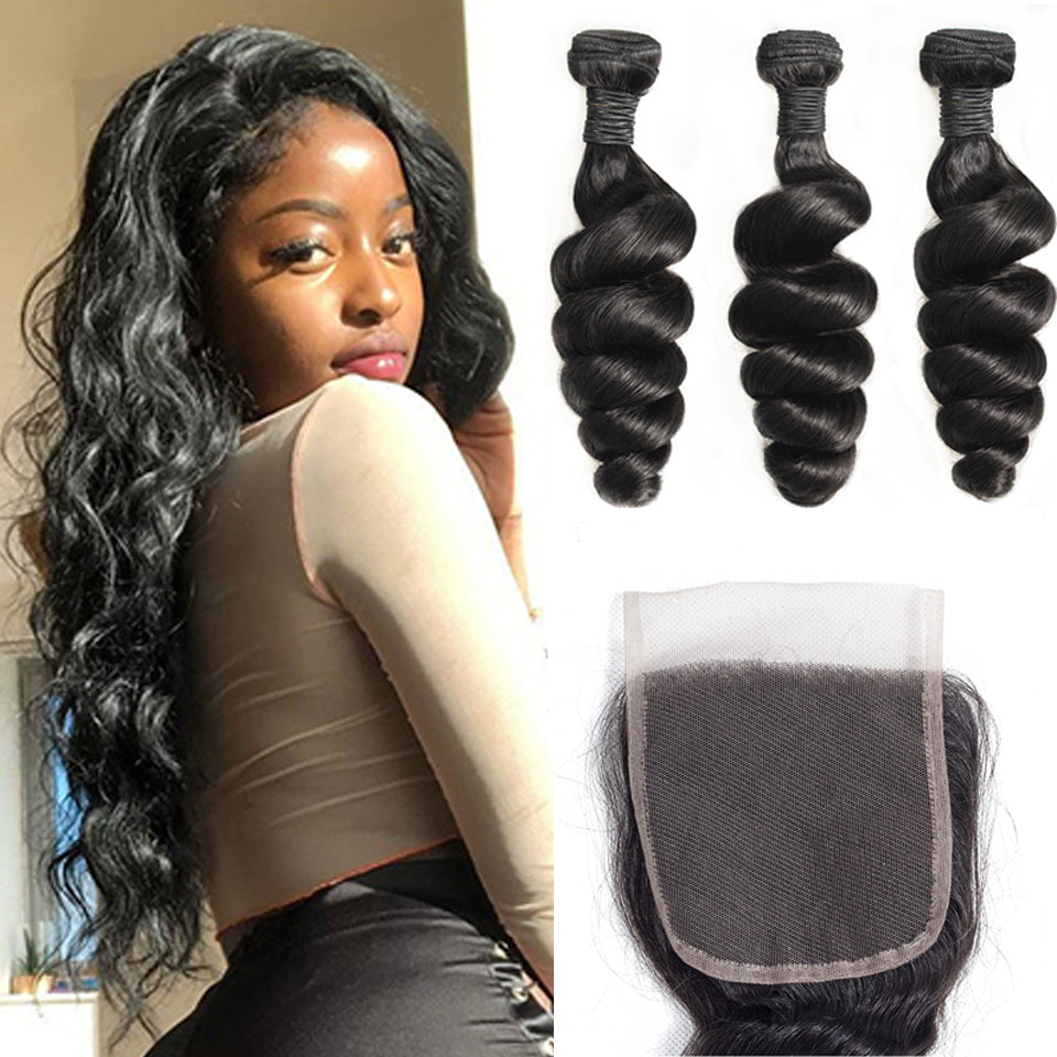 Loose Wave 3 Bundles With 4x4 Lace Closure Brazilian Hair - pegasuswholesale