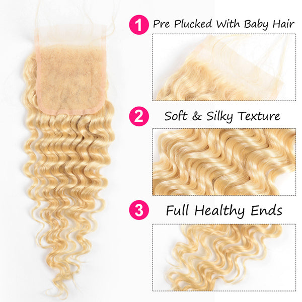 Deep Wave Blonde 613 Bundles With 4x4 5x5 6x6 Closure Brazilian Human Hair - pegasuswholesale