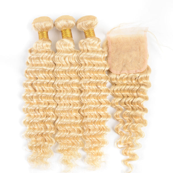 Deep Wave Blonde 613 Bundles With 4x4 5x5 6x6 Closure Brazilian Human Hair - pegasuswholesale