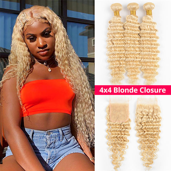 Deep Wave Blonde 613 Bundles With 4x4 5x5 6x6 Closure Brazilian Human Hair - pegasuswholesale
