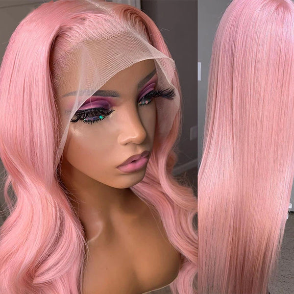 Pink Colored Lace Front Wig Body Wave Human Hair