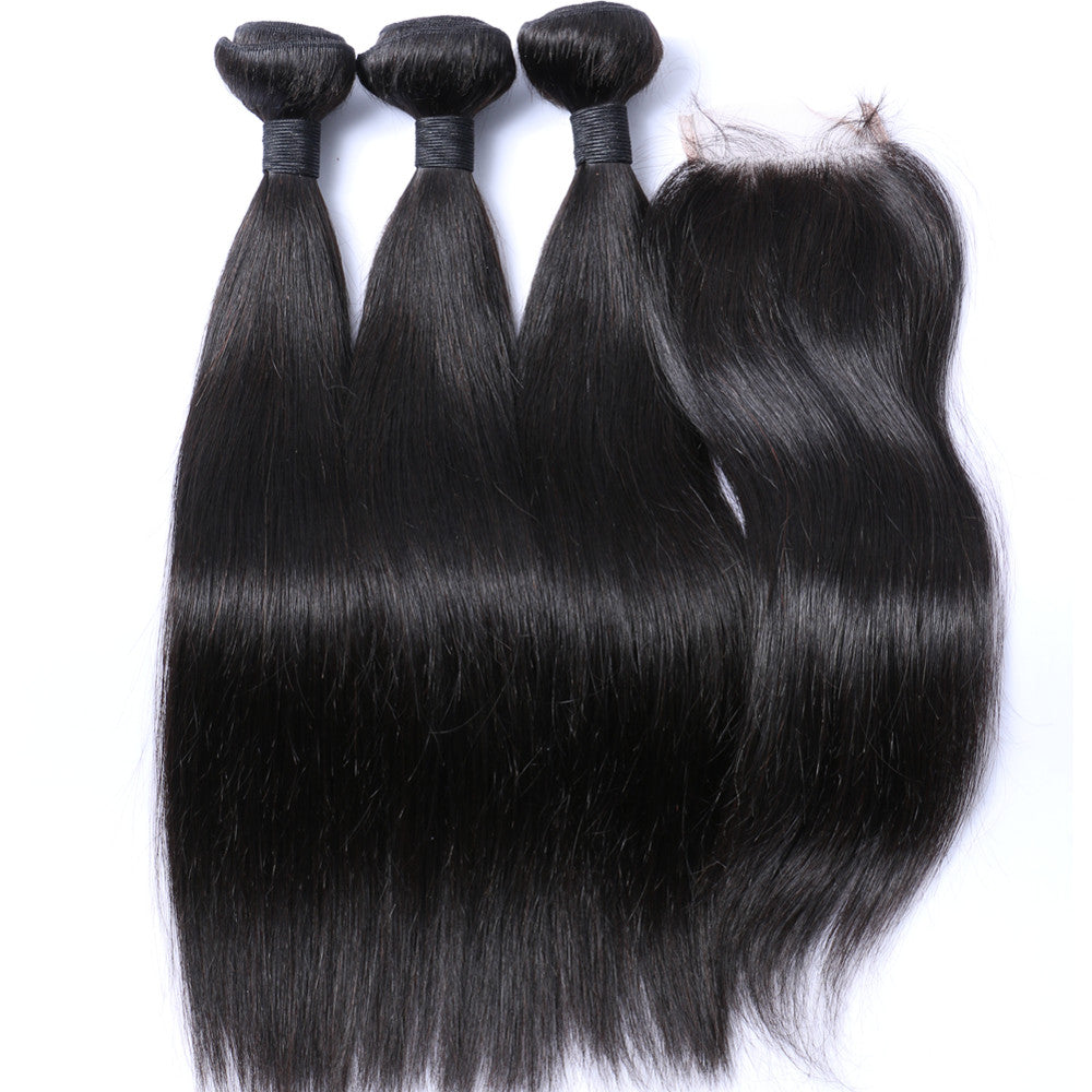 100% Human Hair Bundles With HD Swiss Lace Closure Brazilian Hair Weave 3 Bundles Straight 【PWH2230】 - pegasuswholesale