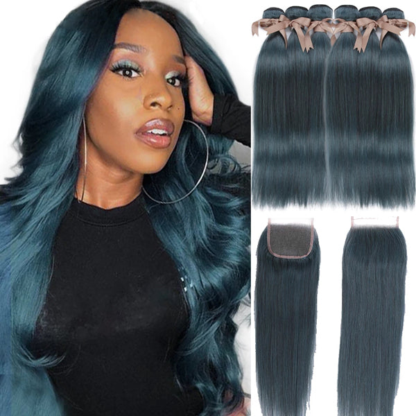 Dark Blue Color 3 Bundles With Closure Frontal Straight Remy Human Hair - pegasuswholesale