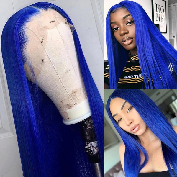 Blue Colored Lace Front Wigs Human Hair Straight / Body Wave Transparent Lace