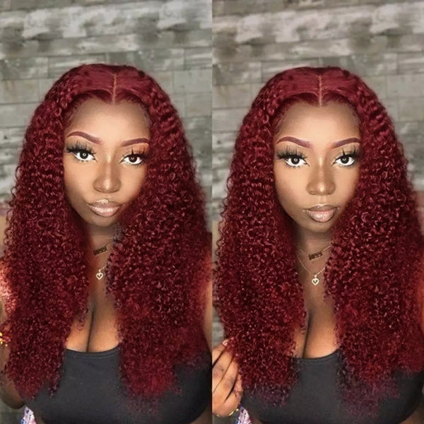 99J Colored Curly Lace Front Wigs Brazilian Human Hair 150% Density