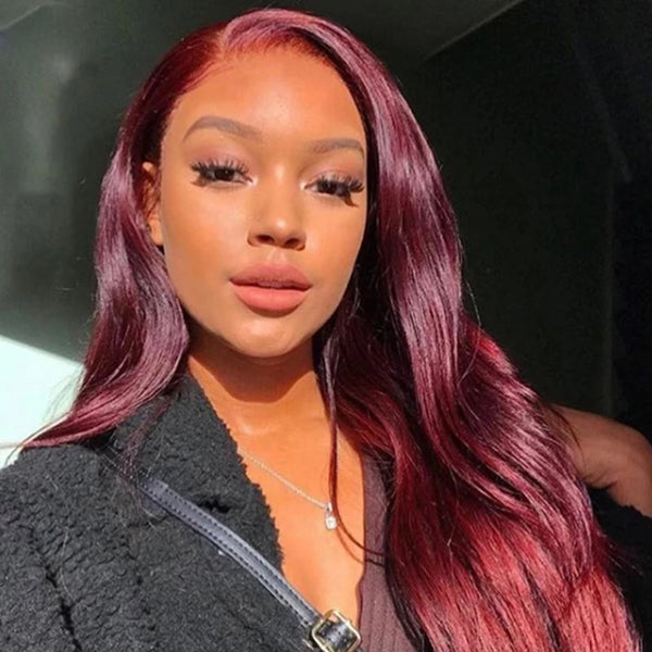 99J Colored Straight Lace Front Wigs Brazilian Human Hair Dark Red Color - pegasuswholesale