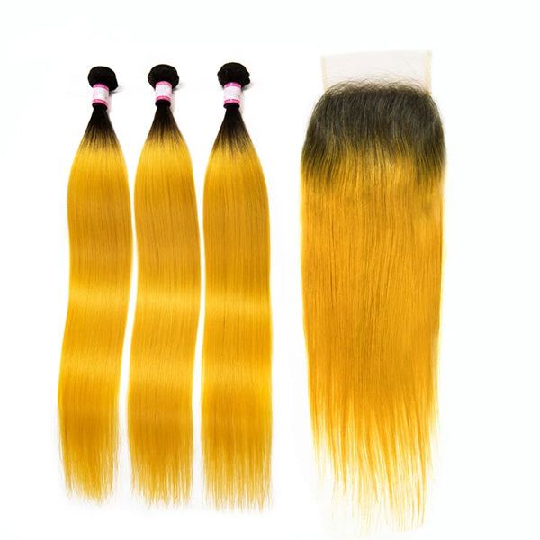 Straight Human Hair 3 Bundles With Closure 1B Yellow Color - pegasuswholesale