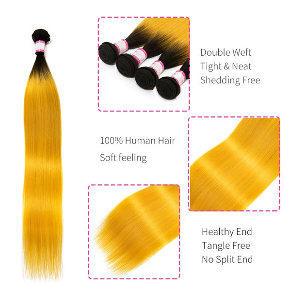 Straight Human Hair 3 Bundles With Closure 1B Yellow Color - pegasuswholesale