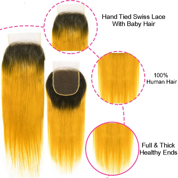 Straight Human Hair 3 Bundles With Closure 1B Yellow Color - pegasuswholesale