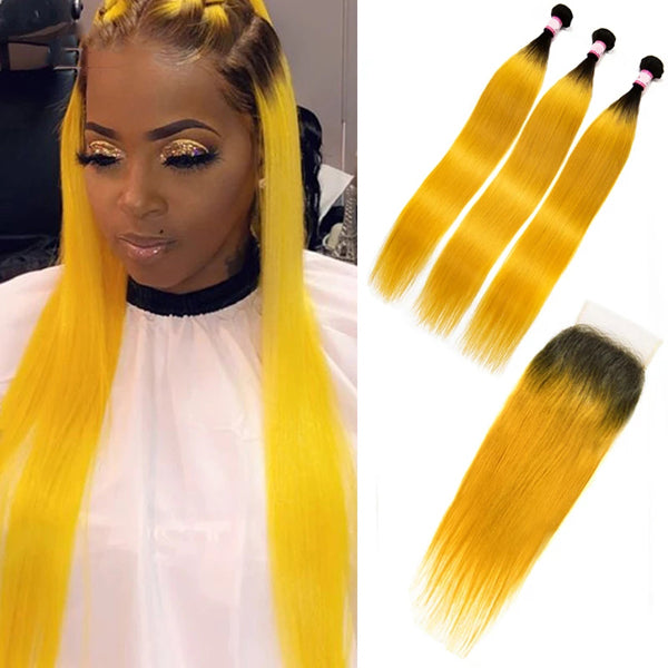 Straight Human Hair 3 Bundles With Closure 1B Yellow Color - pegasuswholesale