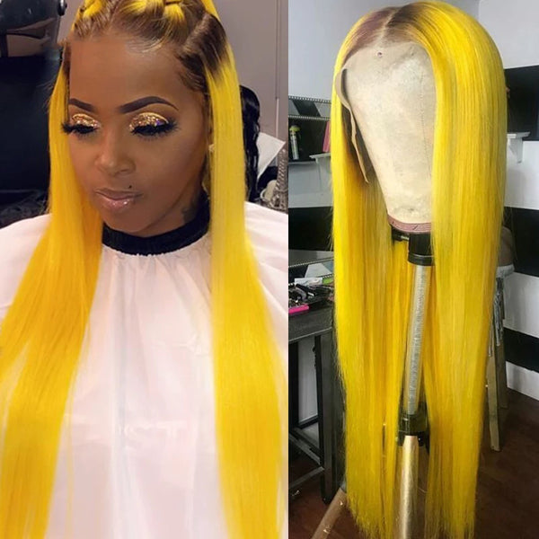 Yellow Colored Straight Human Hair Wigs 13x4 Transparent Lace