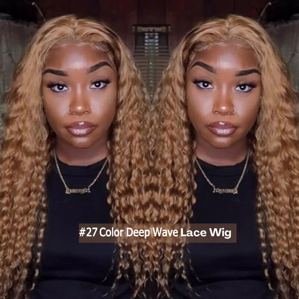 #27 Color Lace Frontal Closure Wig Deep Wave (Pure color/1B root) 150% Density