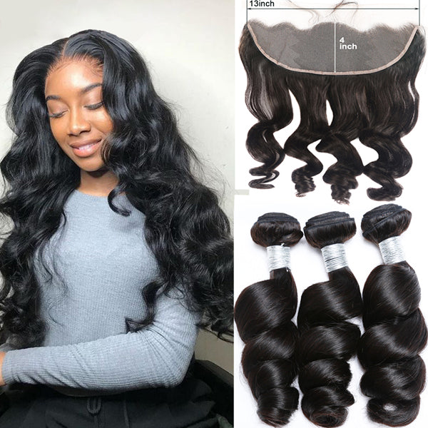 Loose Deep Wave HD Swiss Lace Frontal 13x4 With Bundles Brazilian 【PWH224】 - pegasuswholesale