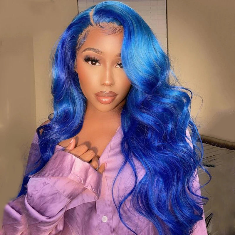 Blue Colored Lace Front Wigs Human Hair Straight / Body Wave Transparent Lace