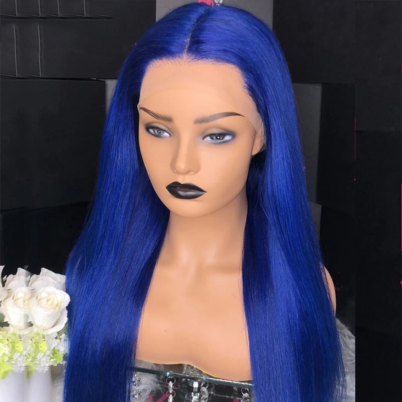 Blue Colored Lace Front Wigs Human Hair Straight / Body Wave Transparent Lace
