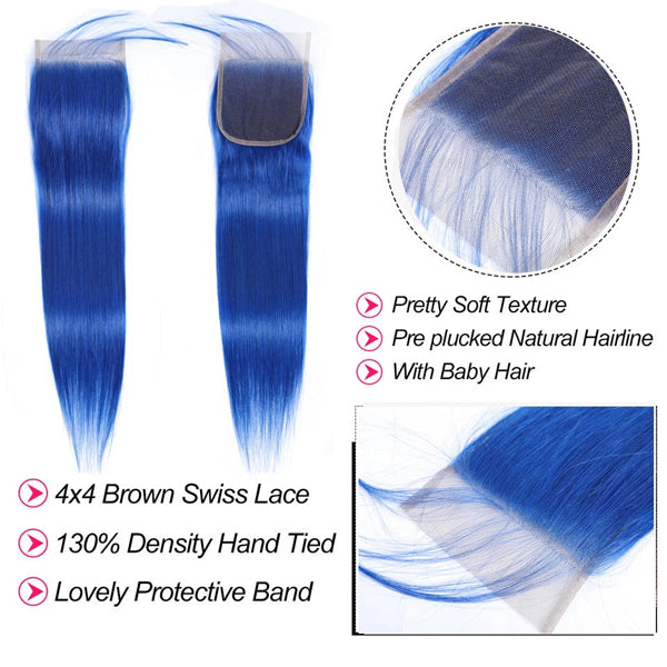 Blue 3 Bundles With Closure Frontal Straight Remy Human Hair