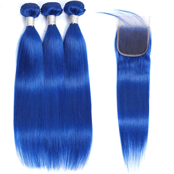 Blue 3 Bundles With Closure Frontal Straight Remy Human Hair