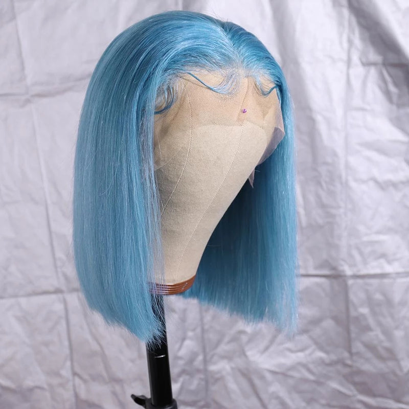 Bob Light Water Blue Lace Front Wig Human Hair Straight - pegasuswholesale