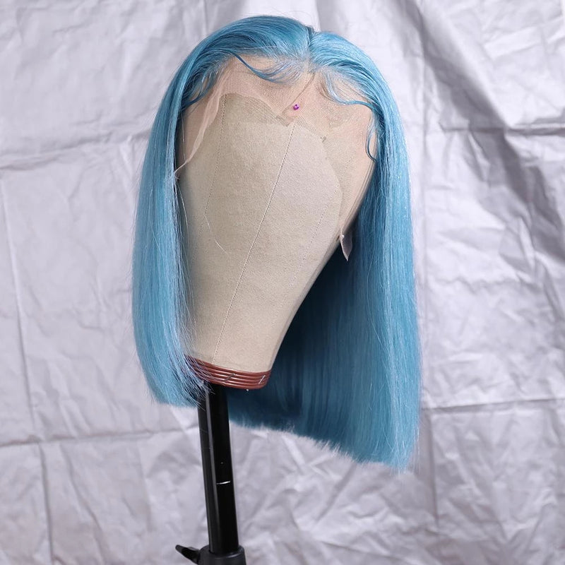 Bob Light Water Blue Lace Front Wig Human Hair Straight - pegasuswholesale