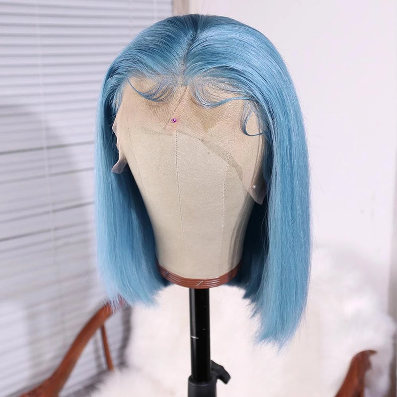 Bob Light Water Blue Lace Front Wig Human Hair Straight - pegasuswholesale