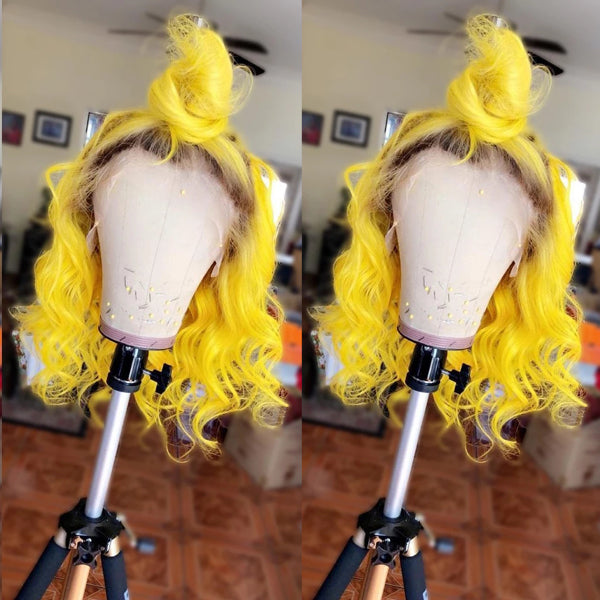 13x4 Bob Lace Front Wigs Body Wave 1b Bright Yellow Ombre Colored Human Hair - pegasuswholesale