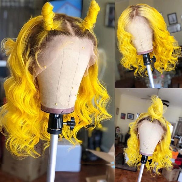 13x4 Bob Lace Front Wigs Body Wave 1b Bright Yellow Ombre Colored Human Hair - pegasuswholesale