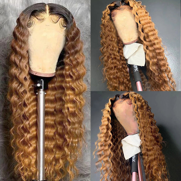 #27 Color Lace Frontal Closure Wig Deep Wave (Pure color/1B root) 150% Density