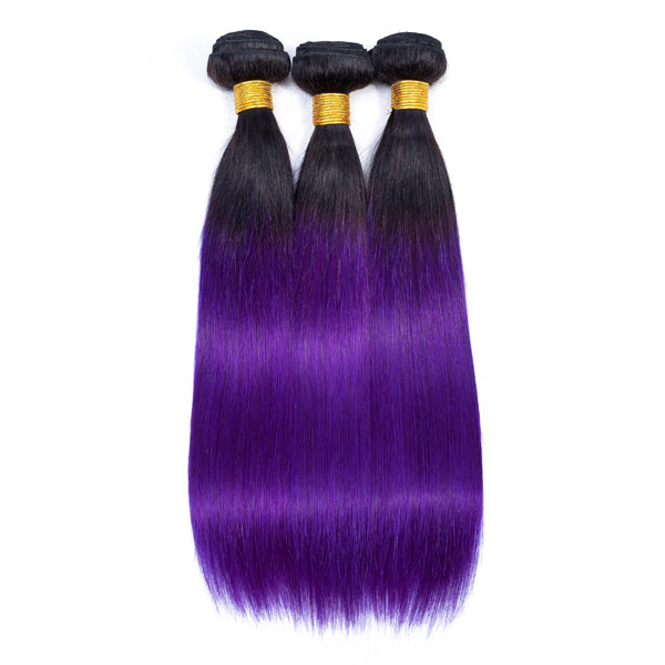 Straight Human Hair 3 Bundles With Closure 1B Purple - pegasuswholesale