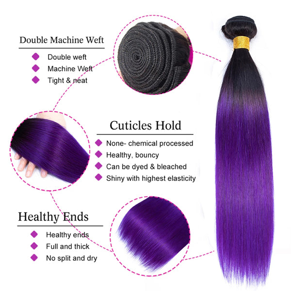 Straight Human Hair 3 Bundles With Closure 1B Purple - pegasuswholesale