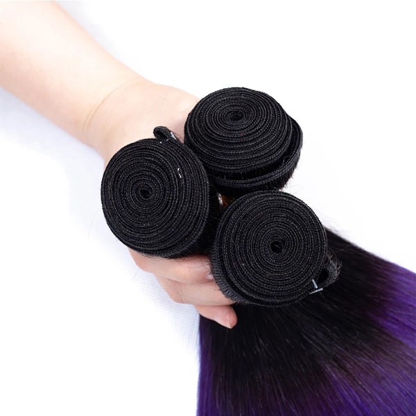 Straight Human Hair 3 Bundles With Closure 1B Purple - pegasuswholesale