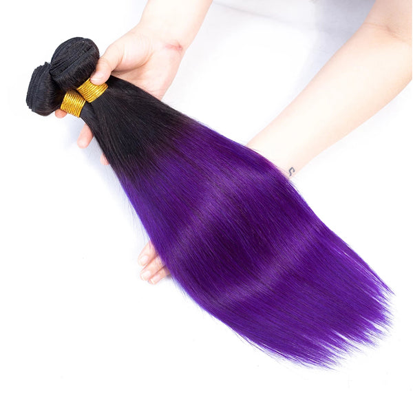 Straight Human Hair 3 Bundles With Closure 1B Purple - pegasuswholesale