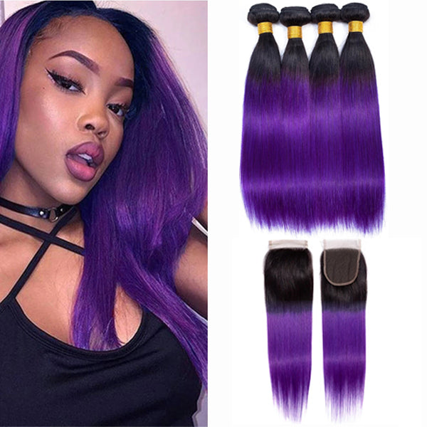 Straight Human Hair 3 Bundles With Closure 1B Purple - pegasuswholesale