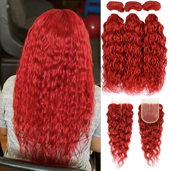 Water Wave Bundles With Closure Frontal 99J Red Color Human Hair - pegasuswholesale