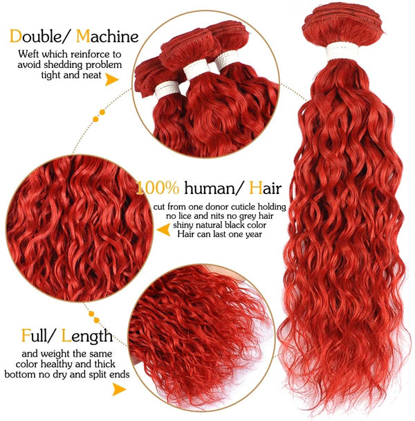 Water Wave Bundles With Closure Frontal 99J Red Color Human Hair - pegasuswholesale