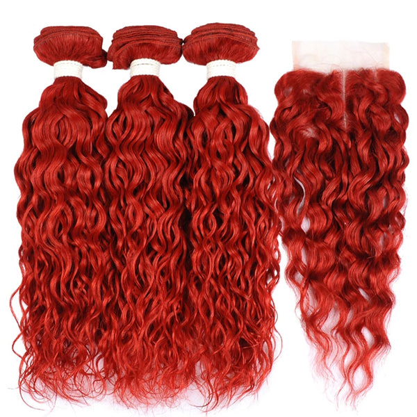Water Wave Bundles With Closure Frontal 99J Red Color Human Hair - pegasuswholesale
