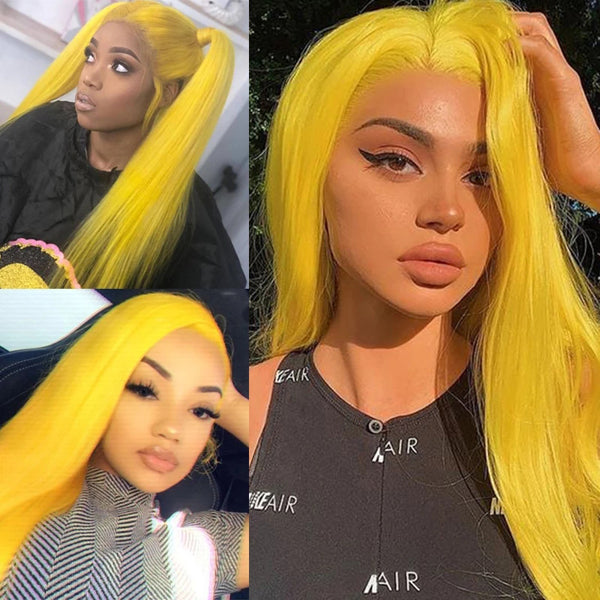 Yellow Colored Straight Human Hair Wigs 13x4 Transparent Lace